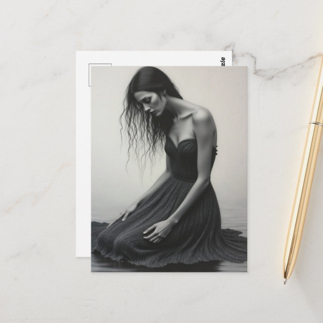 A Sad Woman Kneels in the Water Black and White Postcard (Front/Back In Situ)