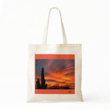 A sahuaro cactus with stunning sunset tote