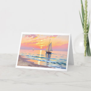 A sailing ship at sunset on the sea holiday card