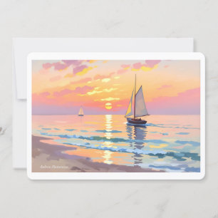 A sailing ship at sunset on the sea holiday card