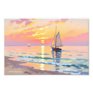 A sailing ship at sunset on the sea photo print