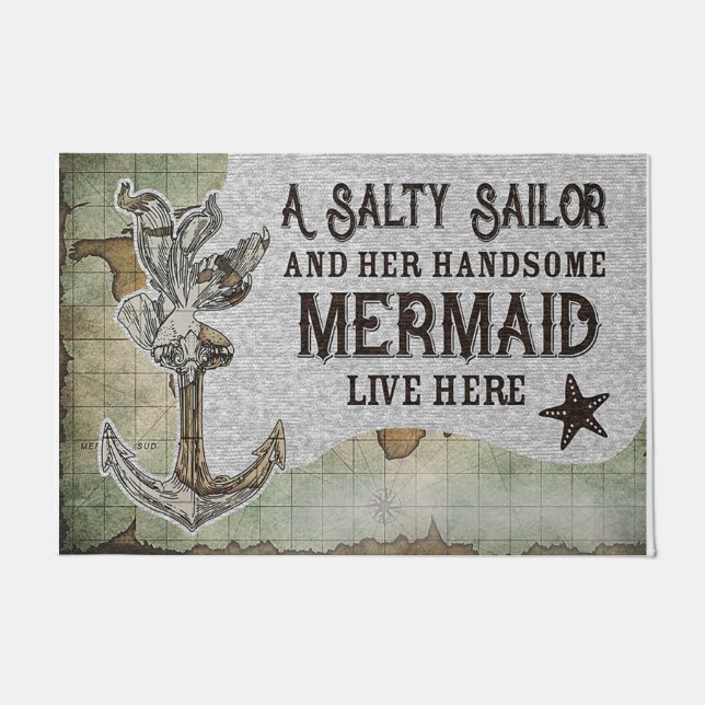 A Salty Sailor And Her Handsome Mermaid  Doormat (Front)