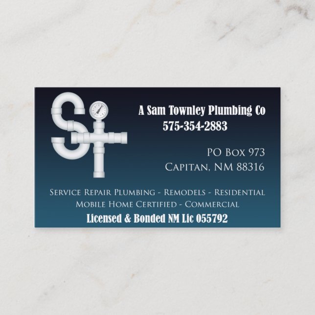 A Sam Townley Plumbing Company Business Card (Front)