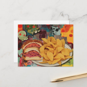 A sandwich and chips collage postcard