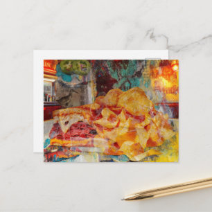A sandwich and chips mixed media collage postcard