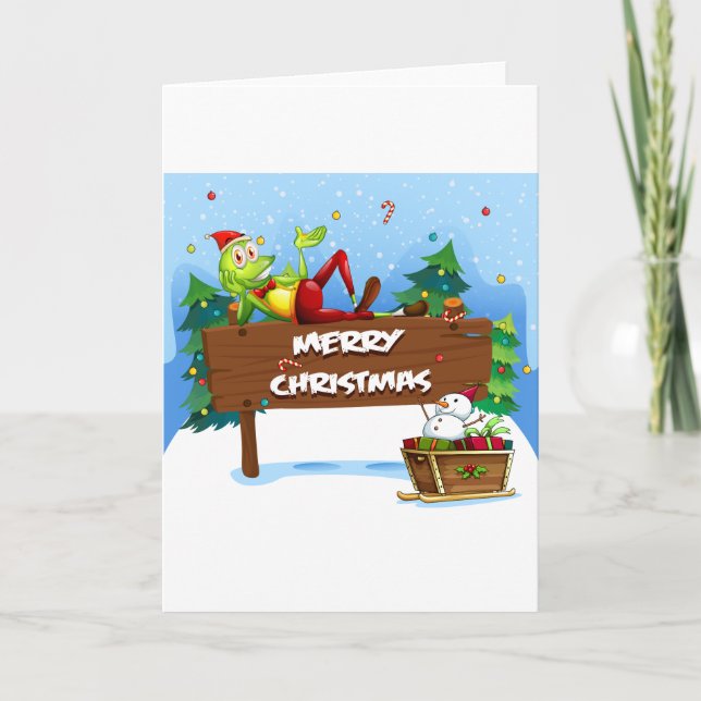 A Santa frog above the christmas signboard Holiday Card (Front)