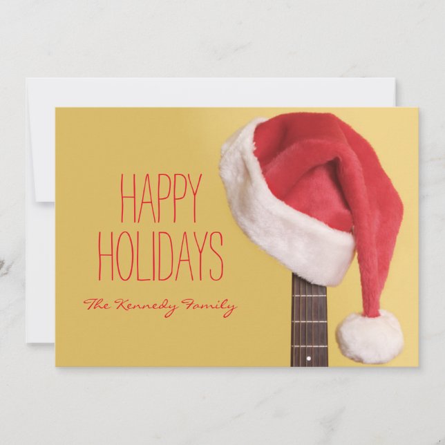 A Santa hat hangs on an acoustic guitar in front Holiday Card (Front)