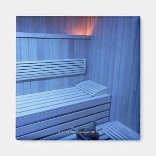 A sauna in blue light, Sweden. Magnet