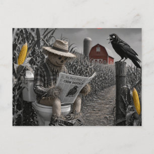 A scarecrow on the toilet in a corn field postcard