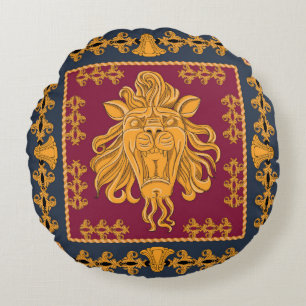 A scarf with a big lion head in a golden colour. S Round Cushion