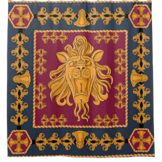 A scarf with a big lion head in a golden colour. S Shower Curtain