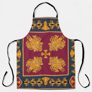 A scarf with a pattern of gold heads of lions and apron