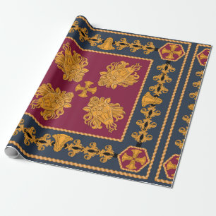 A scarf with a pattern of gold heads of lions and wrapping paper