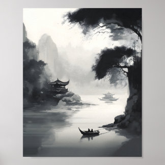 A Scene Depicting A Chinese Landscape And A Boat Poster