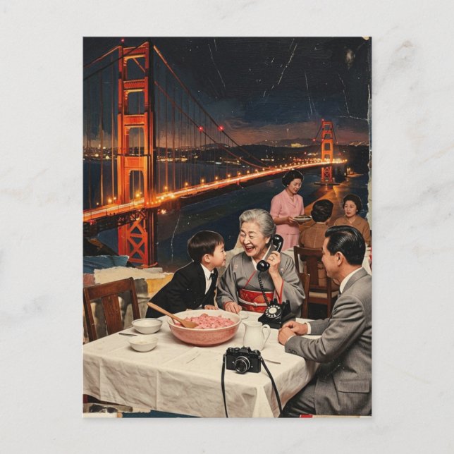 A Scenic Dinner at the Bridge Mixed Media Postcard (Front)
