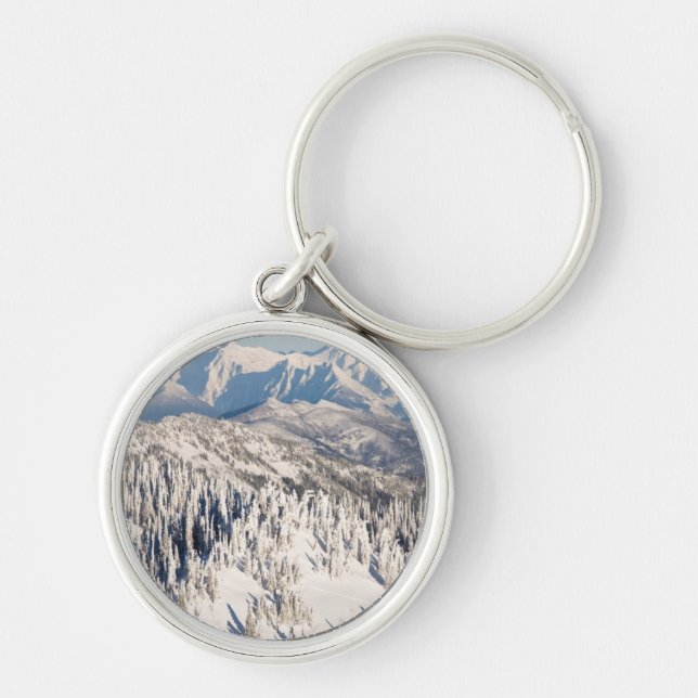 A Scenic View of Snowy Mountains and Trees. Key Ring (Front)