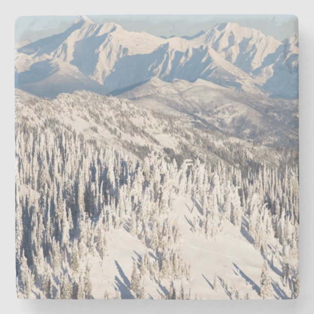 A Scenic View of Snowy Mountains and Trees. Stone Coaster (Front)