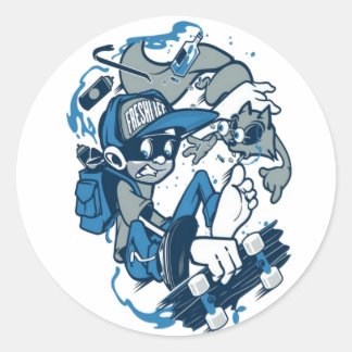 A School Boy With Longboard Classic Round Sticker