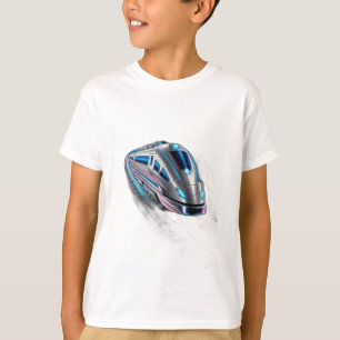 A sci-fi train travelling on a glowing track throu T-Shirt
