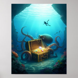 A sea creature protects a treasure poster