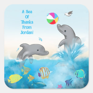 "A Sea of Thanks Dolphin Ocean Volleyball Square Sticker