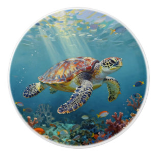 A Sea Turtle and Sun Rays in the Ocean Blue Ceramic Knob
