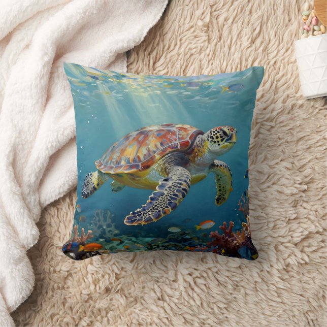 A Sea Turtle and Sun Rays in the Ocean Blue Cushion (Blanket)
