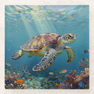 A Sea Turtle and Sun Rays in the Ocean Blue Glass Coaster