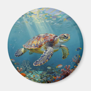 A Sea Turtle and Sun Rays in the Ocean Blue Magnet
