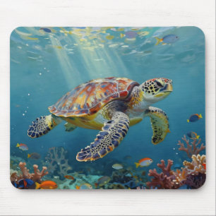 A Sea Turtle and Sun Rays in the Ocean Blue Mouse Mat