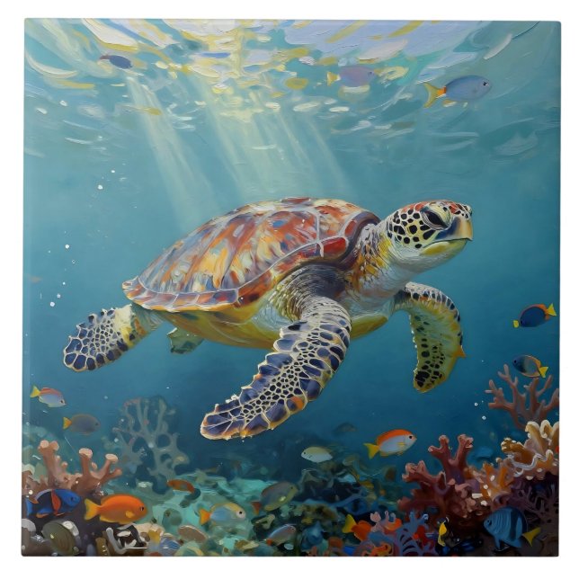 A Sea Turtle and Sun Rays in the Ocean Blue Tile (Front)