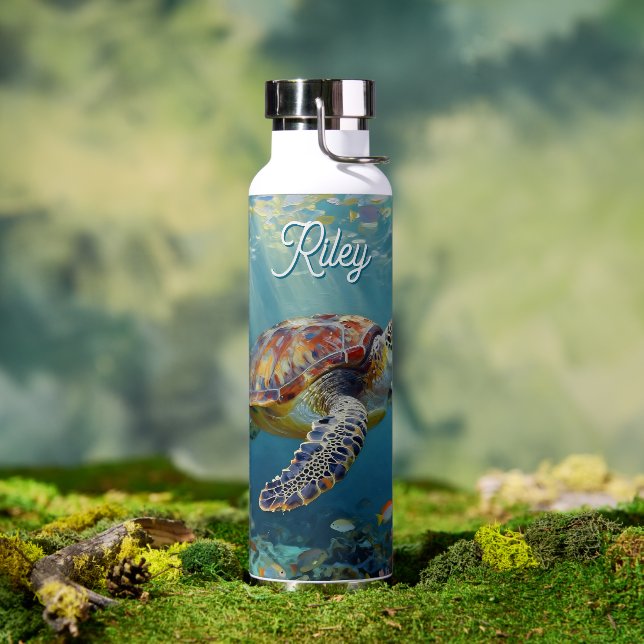 A Sea Turtle and Sun Rays in the Ocean Blue Water Bottle (Outdoor)