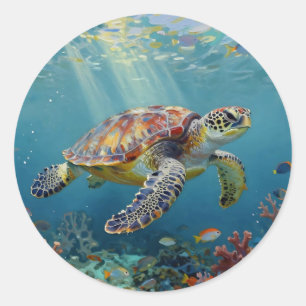 A Sea Turtle Themed Teal Classic Round Sticker