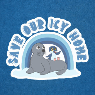 A seal and a penguin "Save Our Icy World" cartoon