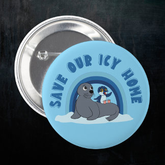 A seal and a penguin "Save Our Icy World"cartoon 6 Cm Round Badge