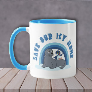 A seal and a penguin "Save Our Icy World" cartoon Mug