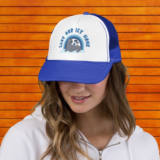 A seal and a penguin "Save Our Icy World"cartoon Trucker Hat (Creator Uploaded)