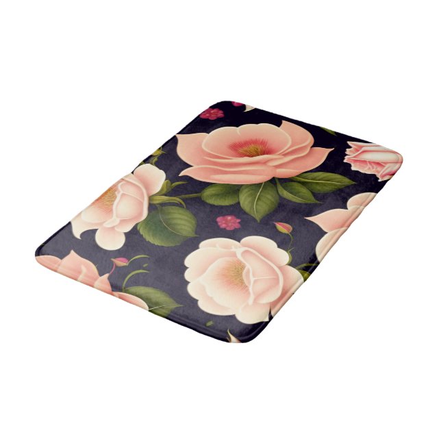 A seamless pattern with pink roses on a dark backg bath mat (Angled)