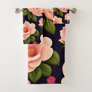 A seamless pattern with pink roses on a dark backg bath towel set
