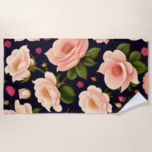 A seamless pattern with pink roses on a dark backg beach towel