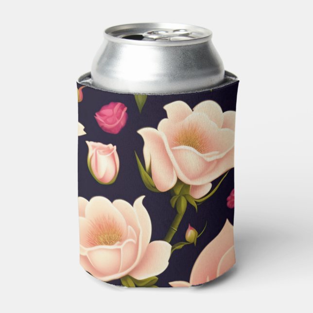 A seamless pattern with pink roses on a dark backg can cooler (Can Front)