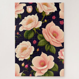 A seamless pattern with pink roses on a dark backg jigsaw puzzle