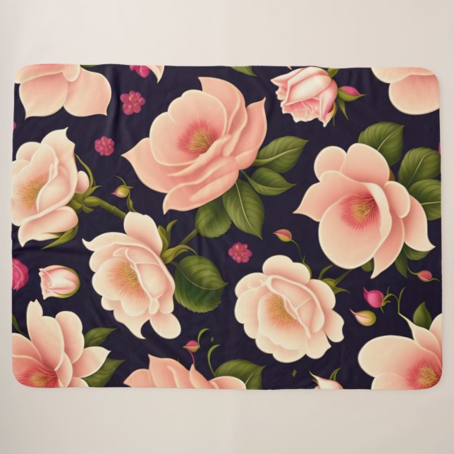 A seamless pattern with pink roses on a dark backg sherpa blanket (Front (Horizontal))