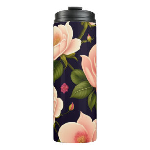 A seamless pattern with pink roses on a dark backg thermal tumbler