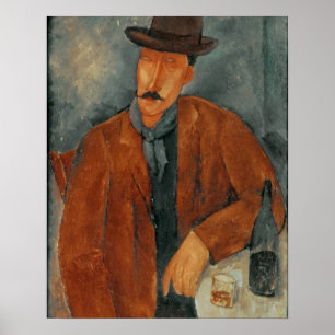 A seated man leaning on a table poster