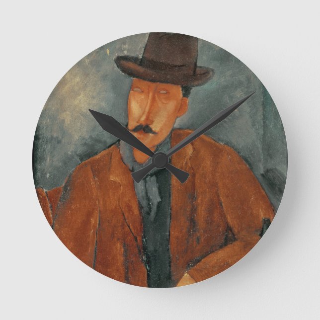 A seated man leaning on a table round clock (Front)