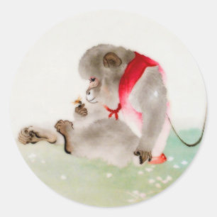 A Seated Monkey Observing An Insect Classic Round Sticker