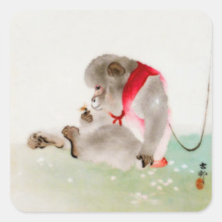 A Seated Monkey Observing An Insect Square Sticker