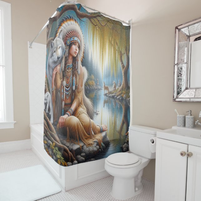 A serene moment by the river with a wolf companion shower curtain (In Situ)
