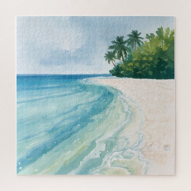 A Serene Tropical Beach in Watercolor Jigsaw Puzzle (Vertical)
